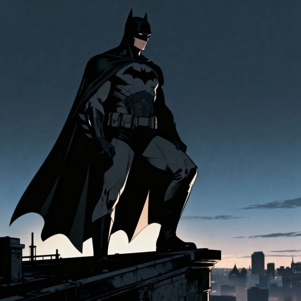Batman aesthetic PFP on city rooftop at dusk