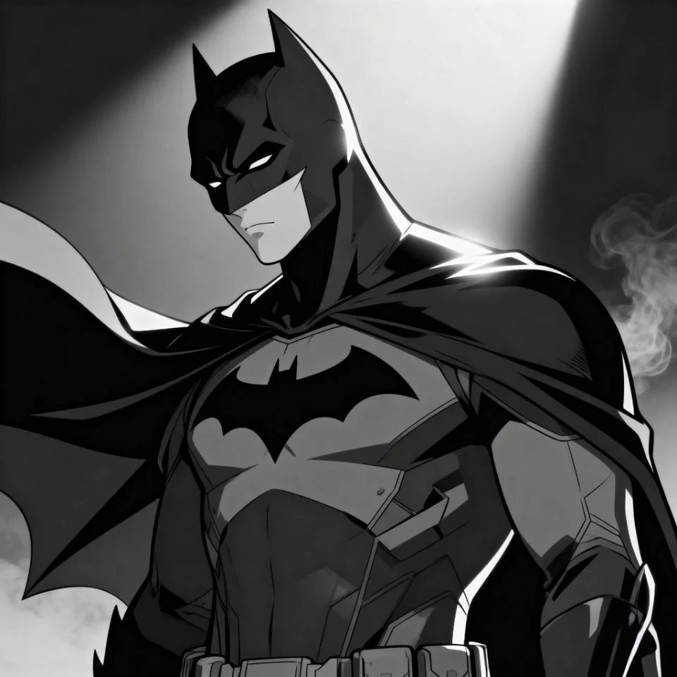 Grayscale anime Batman profile with soft lighting