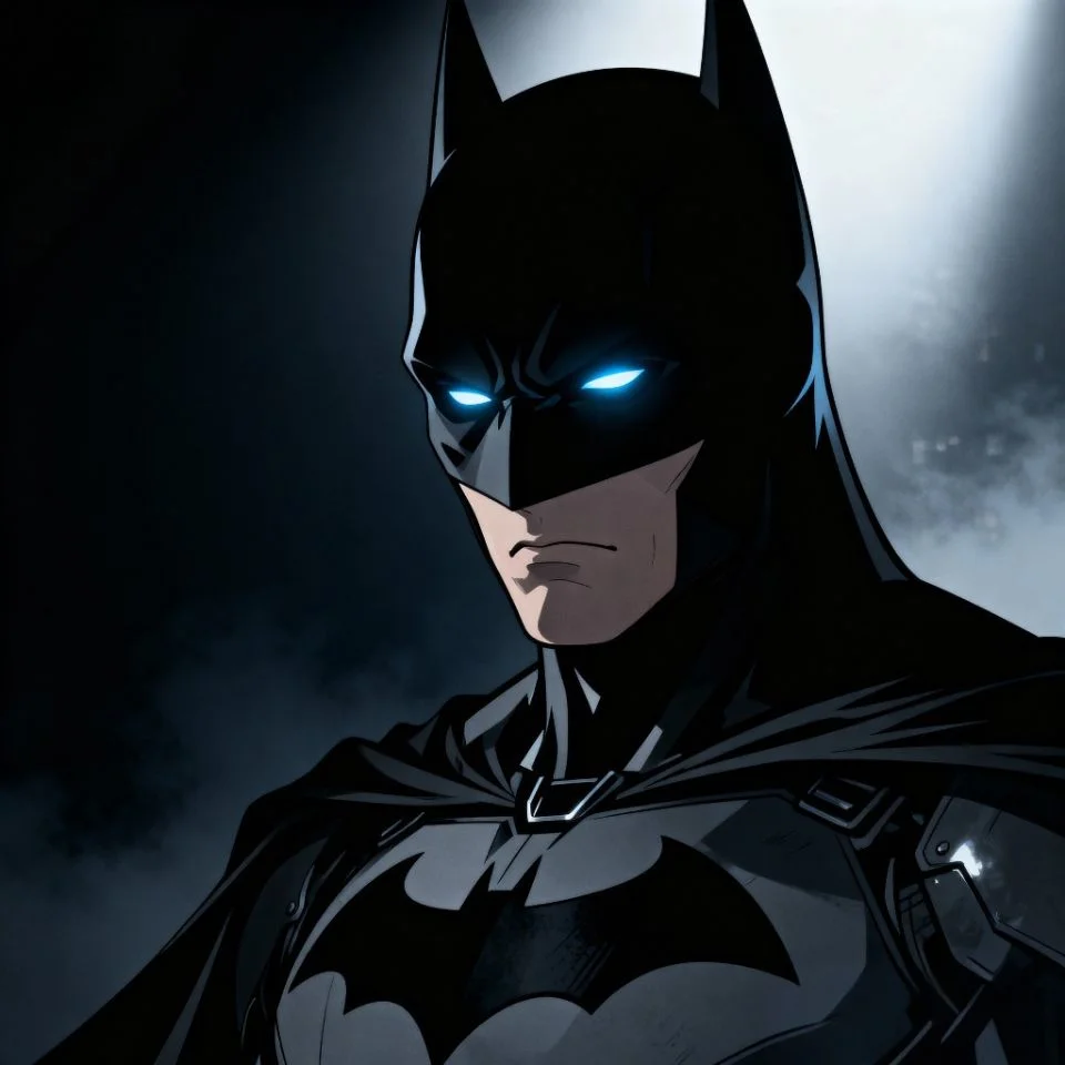 Dark close-up Batman PFP with glowing eyes and moody shadows