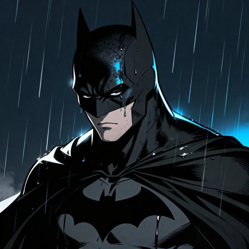 Dark Batman PFP in rain with cinematic lighting