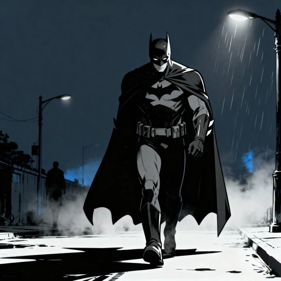 Dark Batman PFP walking through dimly lit Gotham street
