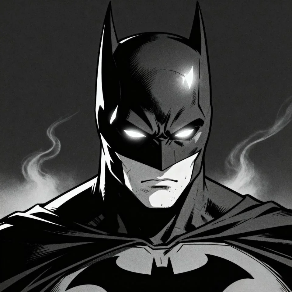 Batman manga close-up PFP with glowing white eyes