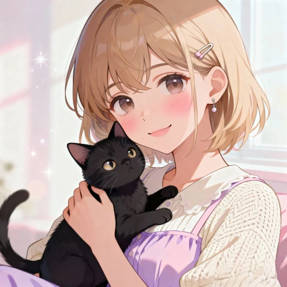 black-cat-pfp-anime-girl anime girl holding black cat soft pastel style