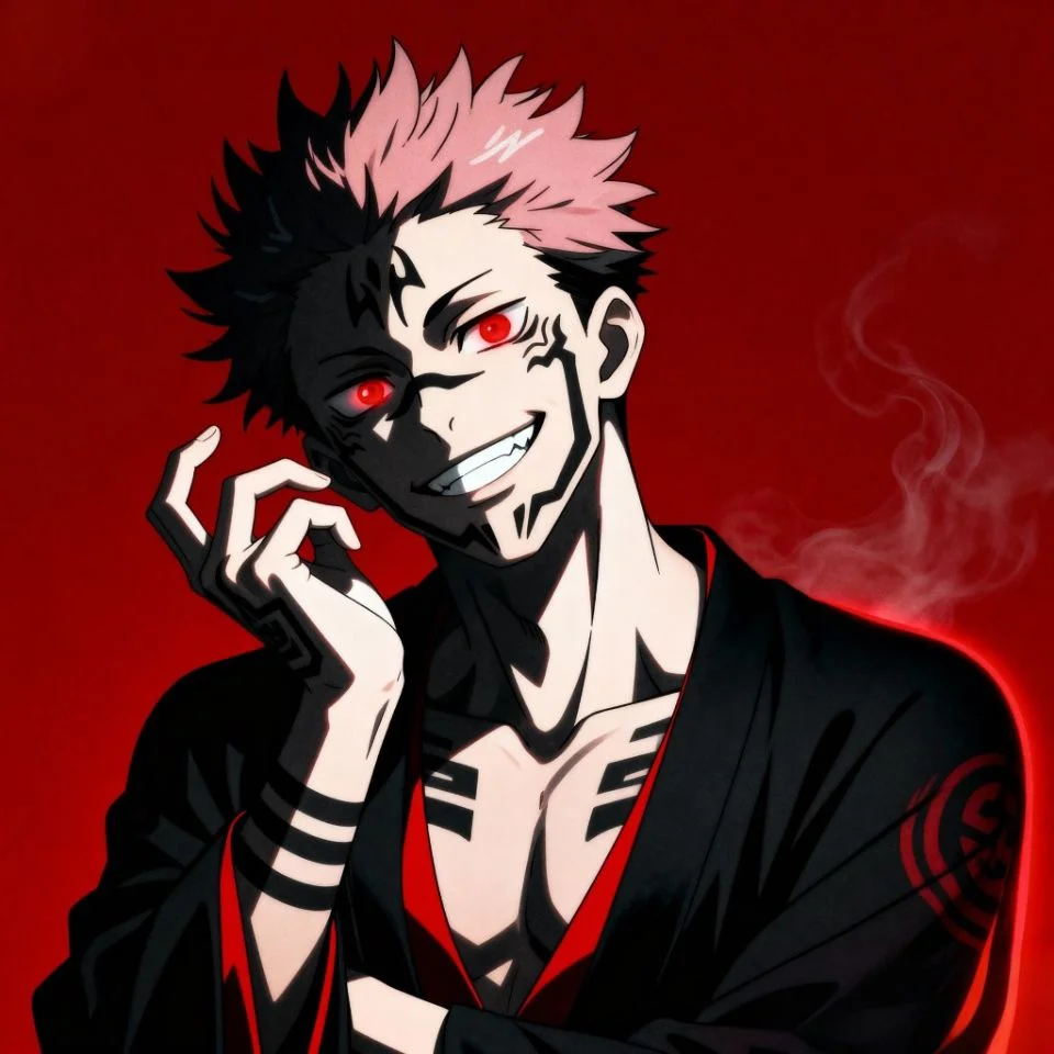 Black and red Sukuna portrait with intense expression.