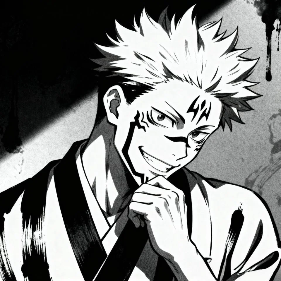 Manga panel of Sukuna smirking in black and white.