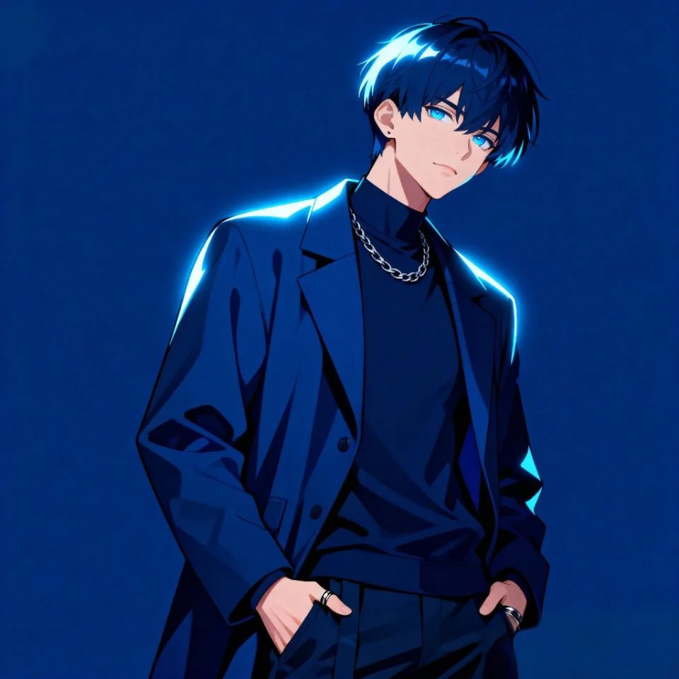 blue-anime-pfp-boy Cool blue anime boy PFP with confident pose and glowing eyes.