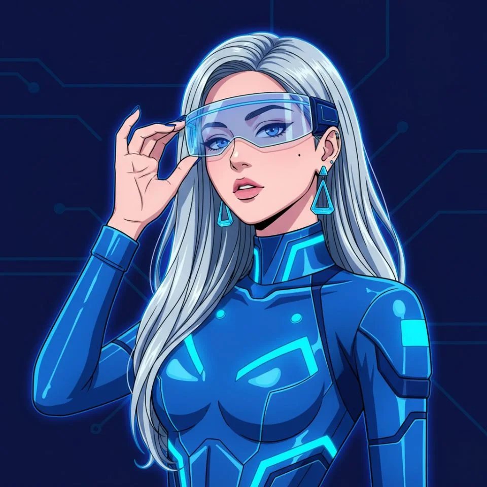 blue-anime-pfp-cyber Cyberpunk-style blue anime avatar with tech elements.