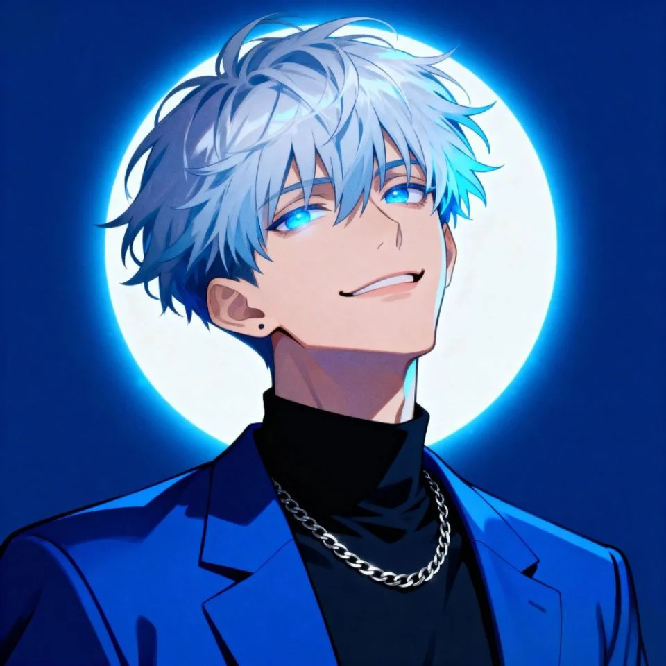 blue-pfp-boy-anime Anime blue boy PFP with glowing eyes and serious look.