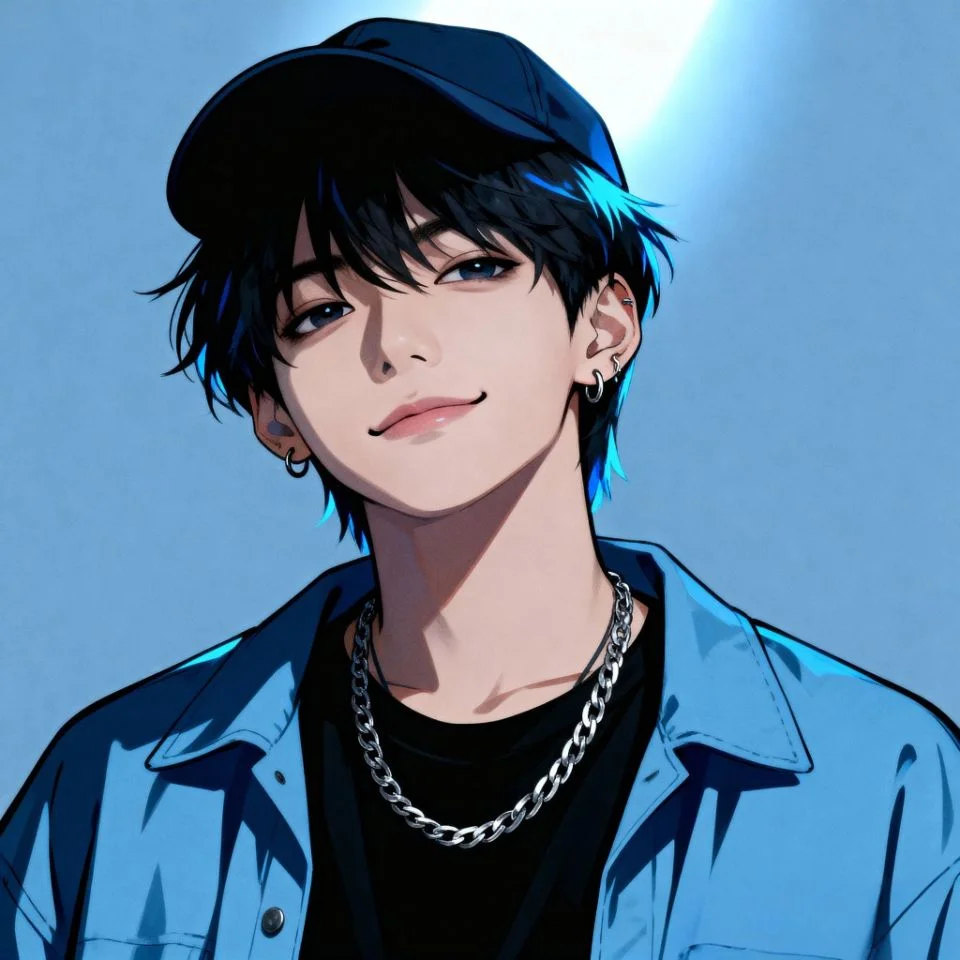 blue-pfp-boy-street Streetwear blue boy PFP with cap and city background.