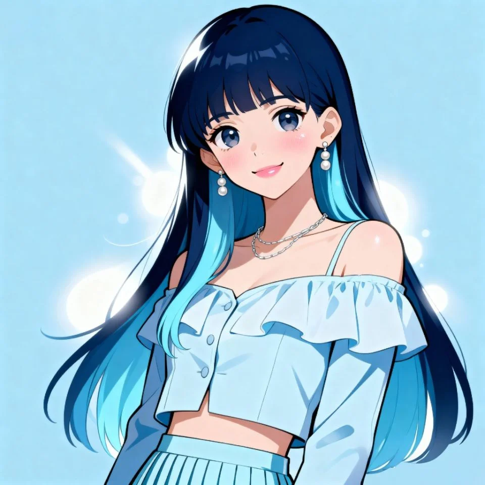 blue-pfp-girl-cute Cute blue girl PFP with smiling face and pastel background.