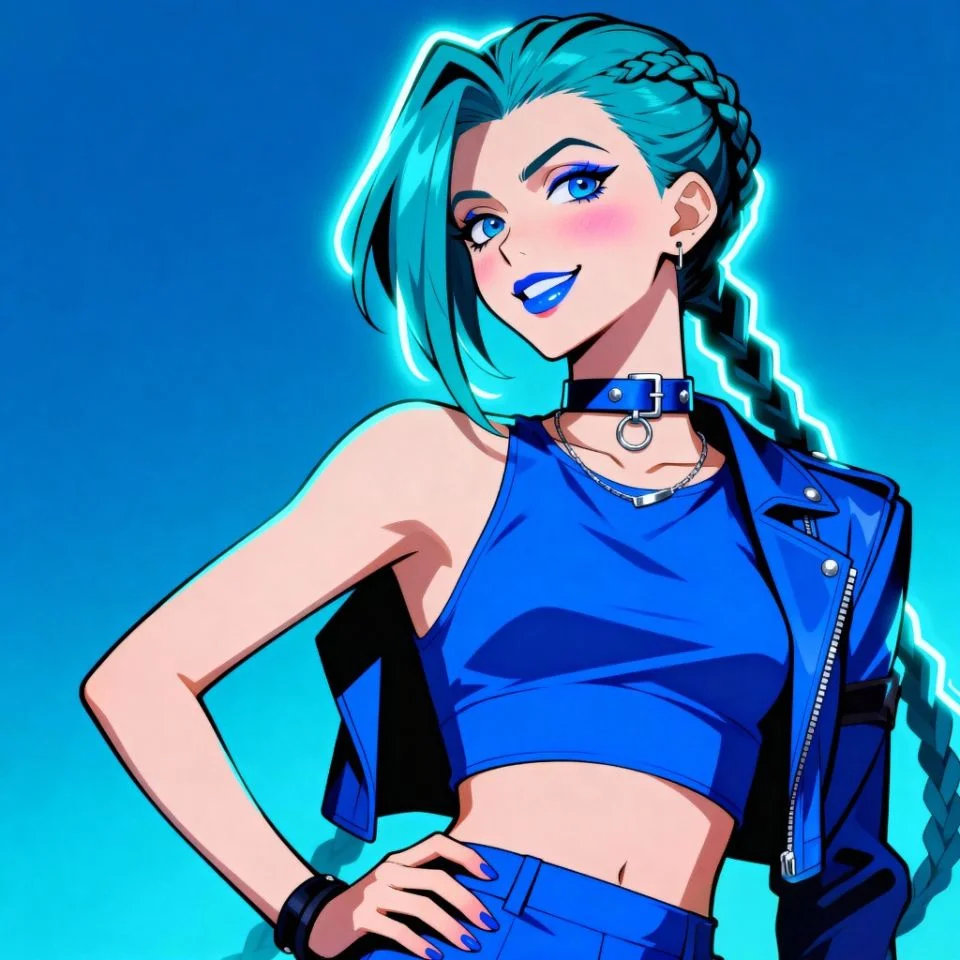 blue-pfp-girl-stylish Stylish blue girl PFP with neon background and confident pose.