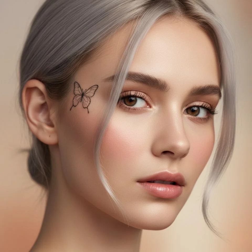 Butterfly outline tattoo beside face