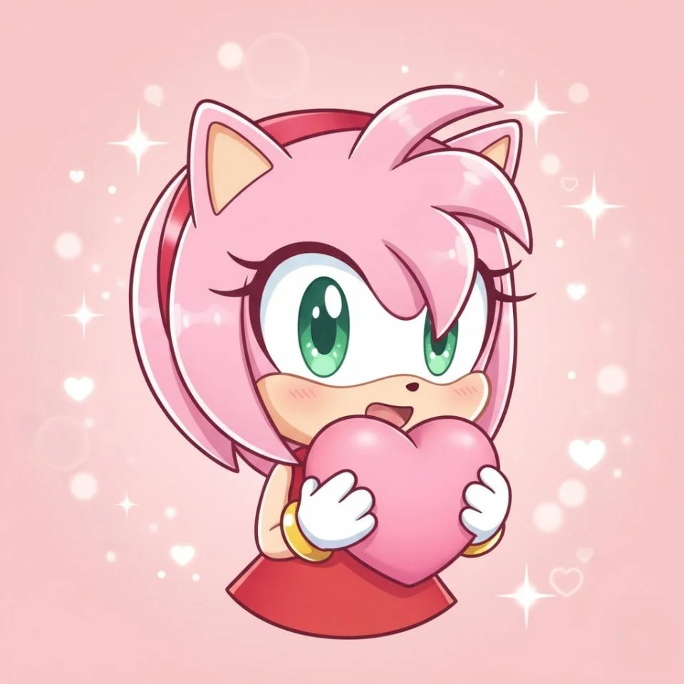 Chibi Amy Rose holding a heart with pastel pink backdrop.