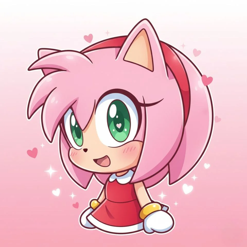 Chibi Amy Rose smiling with oversized head and cute pose.