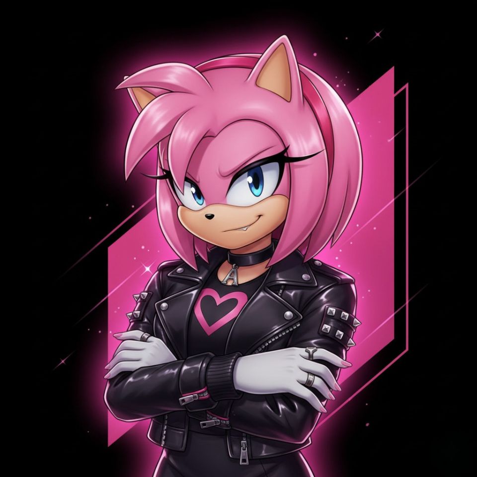 Black and pink cool Amy Rose PFP with attitude pose.
