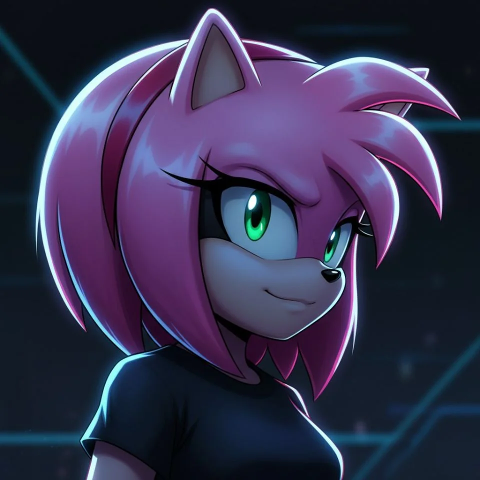 Amy Rose cool PFP with blue neon light and side glance.