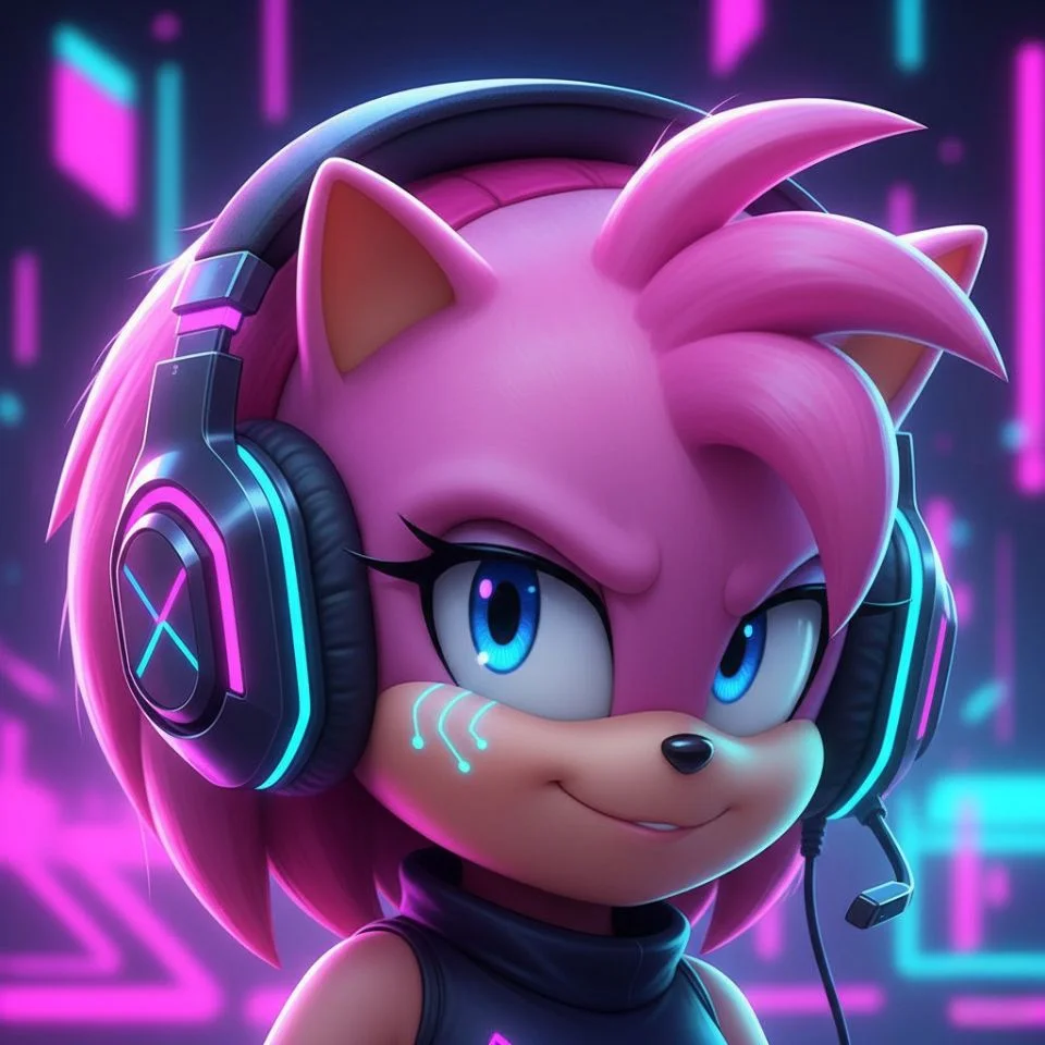 Gamer-style Amy Rose PFP with headset and neon lights.