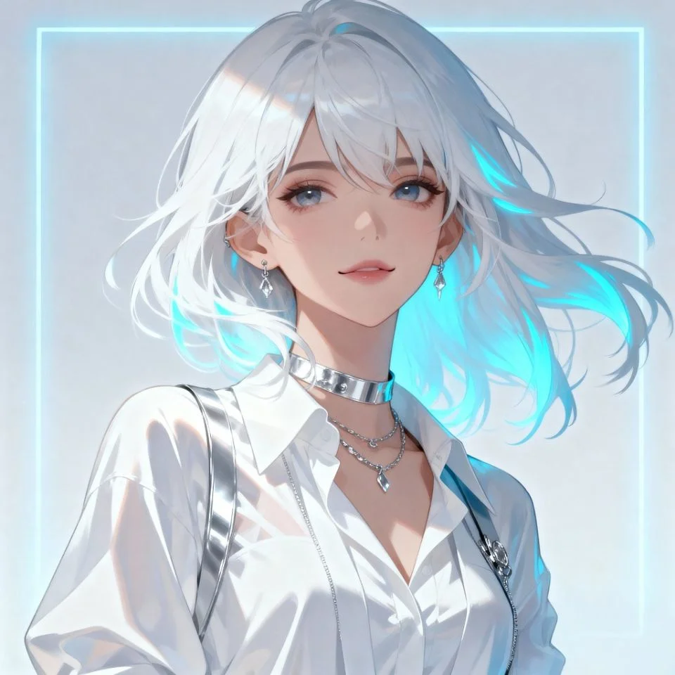 cool-dark-white-pfp-girl-glow girl in white shirt with glowing cool light and soft expression