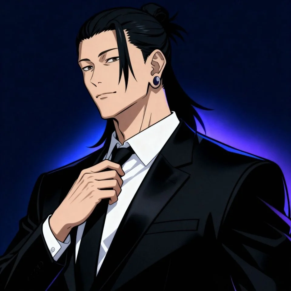Geto stylish PFP wearing suit with slick background.