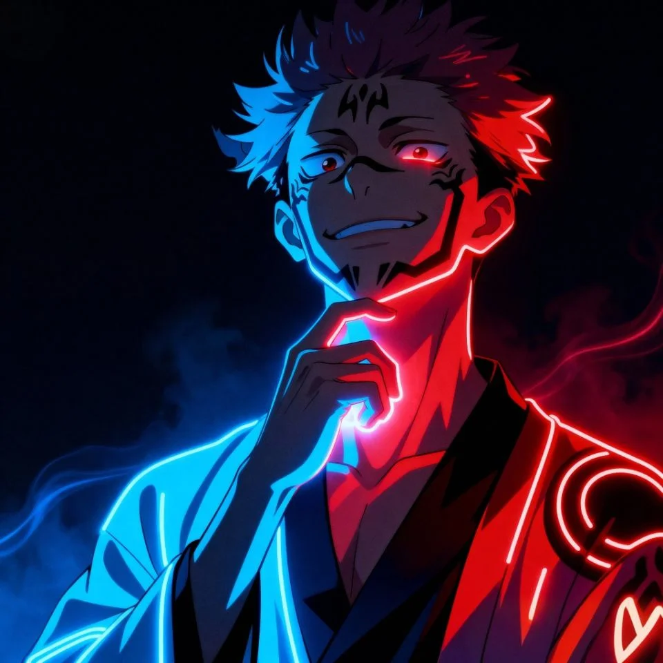 Cool Sukuna PFP with neon blue and red lighting.