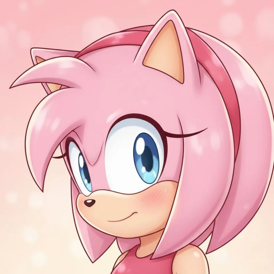 Blushing Amy Rose PFP with soft pink gradient.