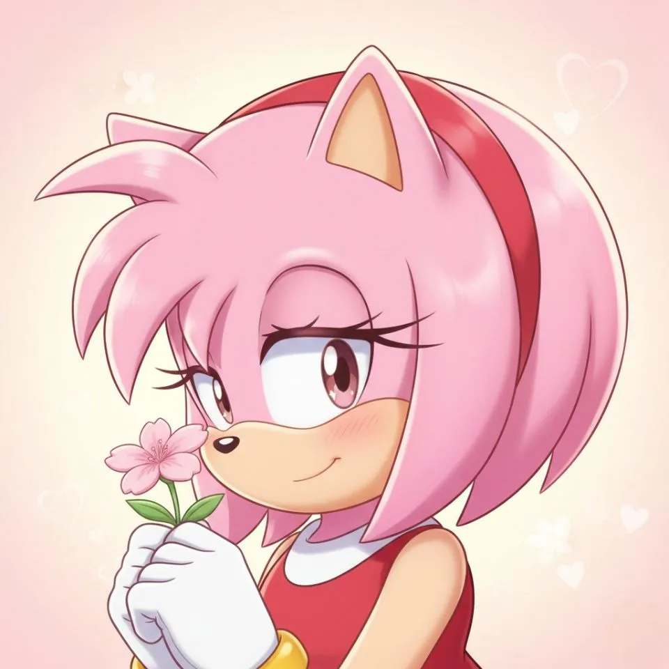 Amy Rose holding a pink flower with a shy smile.