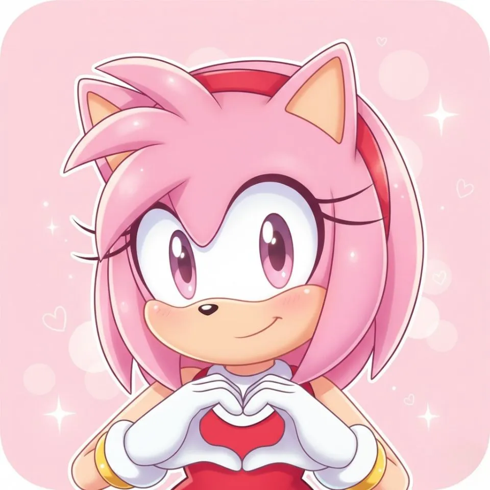 Amy Rose making a heart with her hands, pink sparkles background.