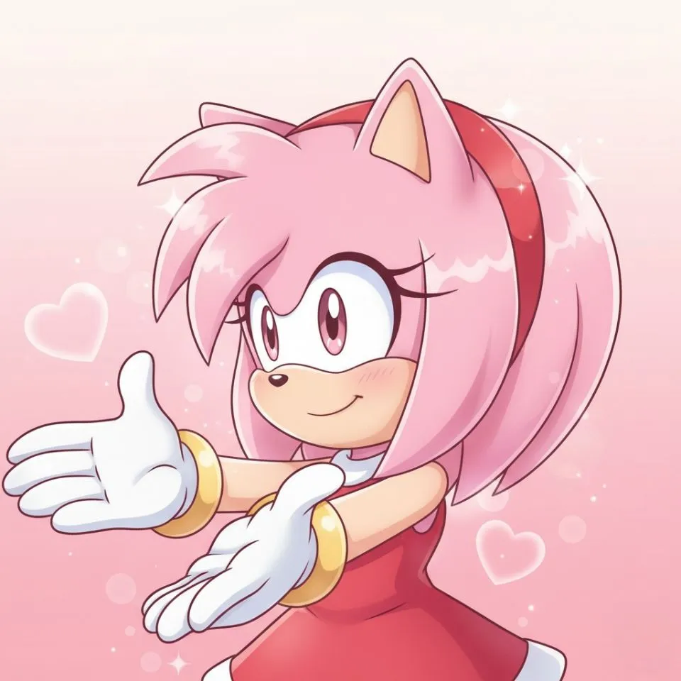 Amy Rose with open arms, soft pink background.