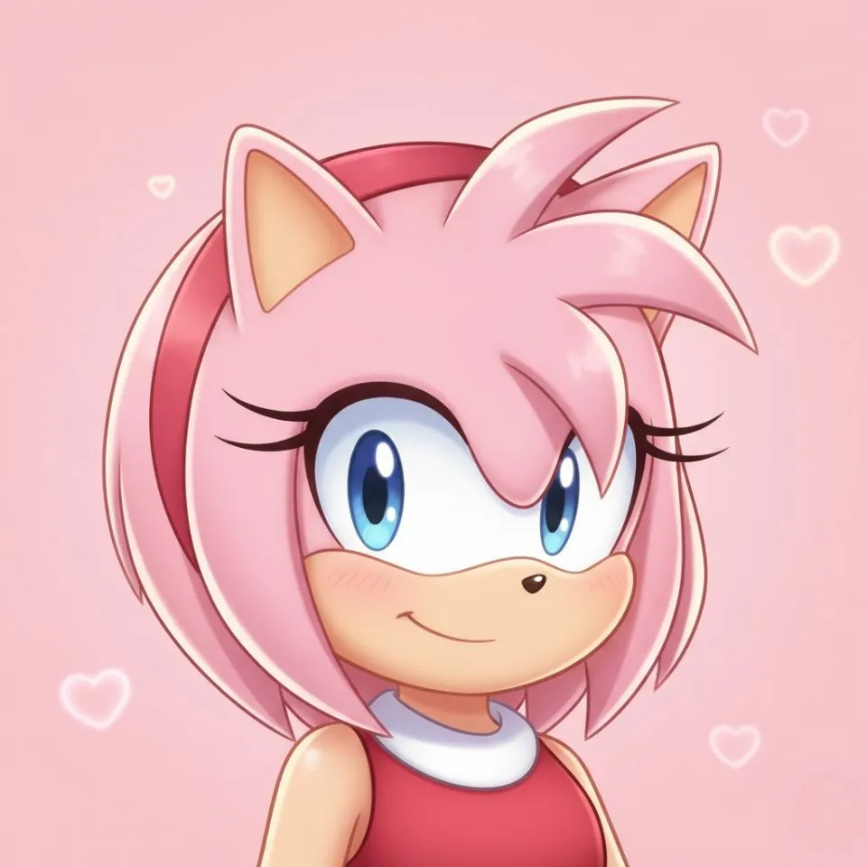 Amy Rose smiling close-up PFP with pastel pink background.