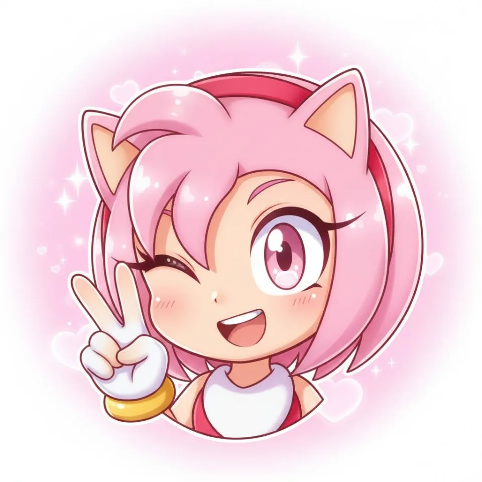 Amy Rose winking with peace sign, cute anime style.