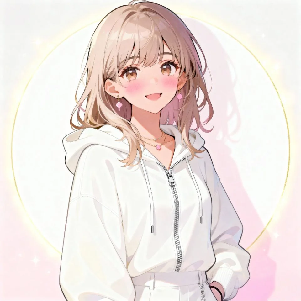 cute-white-pfp-anime-girl anime girl blushing in white hoodie with glowing tone