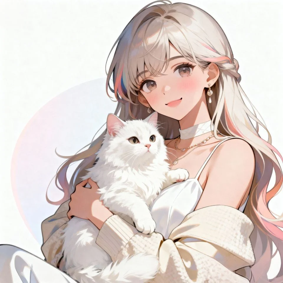 cute-white-pfp-cat-theme girl with white cat in bright minimal background