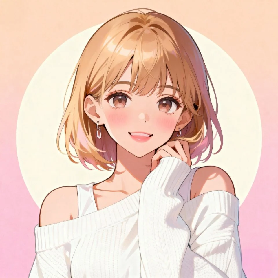 cute-white-pfp-girl-smile girl smiling softly in white sweater with pastel light