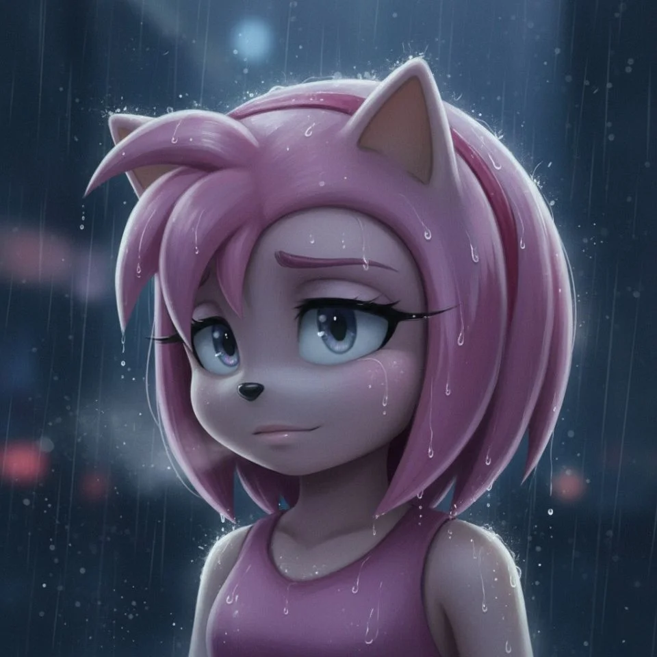 Amy Rose dark PFP with rain effect and moody lighting.