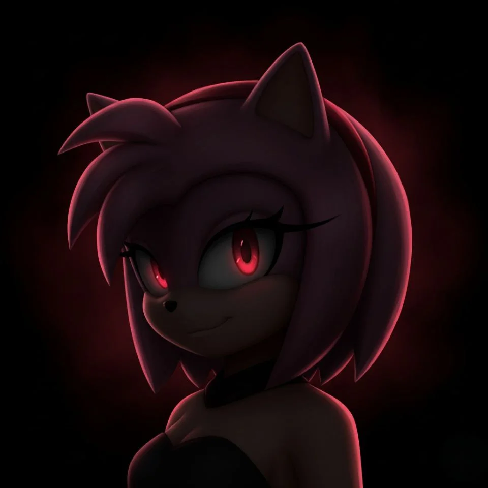Amy Rose dark aesthetic PFP with heavy shadows and red eyes.