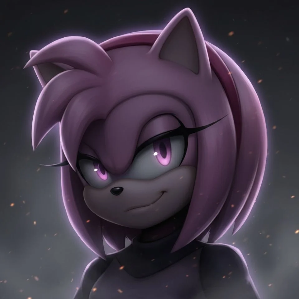 Amy Rose smirking dark aesthetic PFP with smoky background.