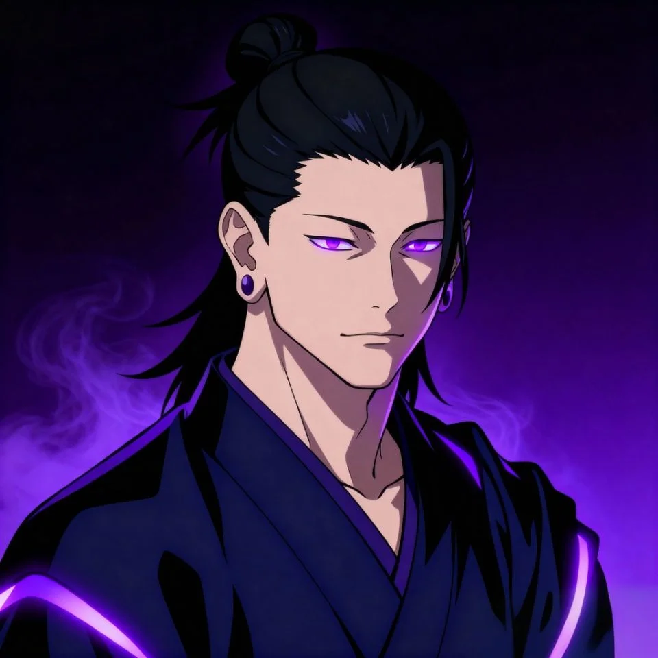 Dark aesthetic Geto PFP with purple glow and serious face.