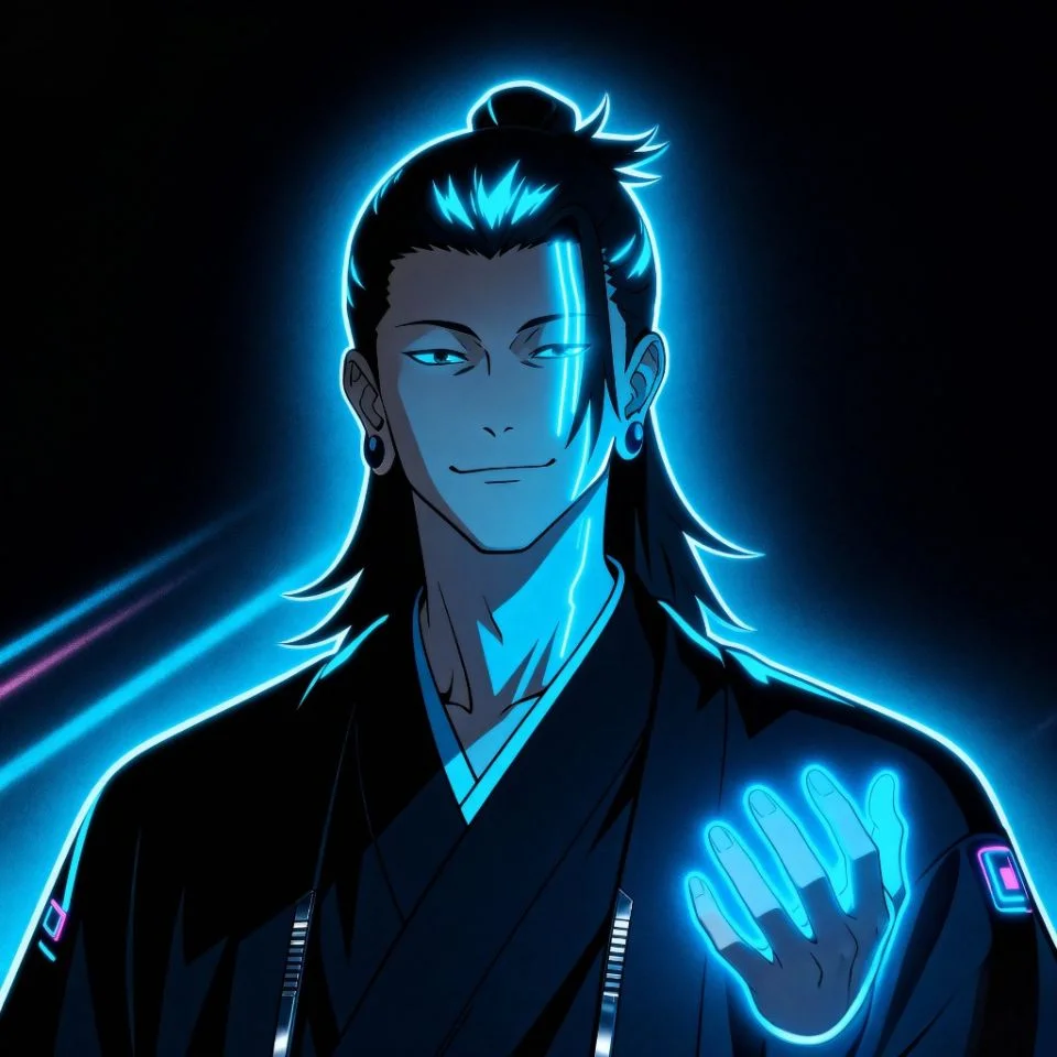 Geto dark PFP with neon blue lighting.