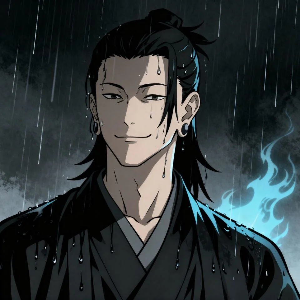 Geto PFP with rain effect dark aesthetic.