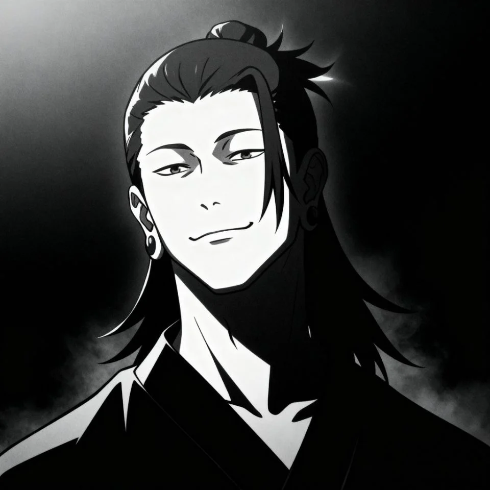 Geto PFP half face in shadows dark background.