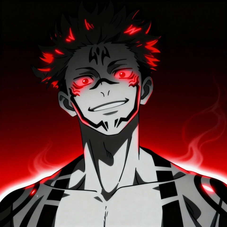 Sukuna dark aesthetic PFP with red glowing tattoos.