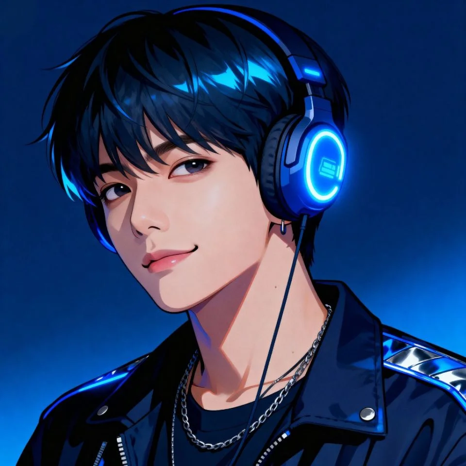 dark-blue-pfp-gamer Dark blue gamer PFP with glowing headset and screen reflection.