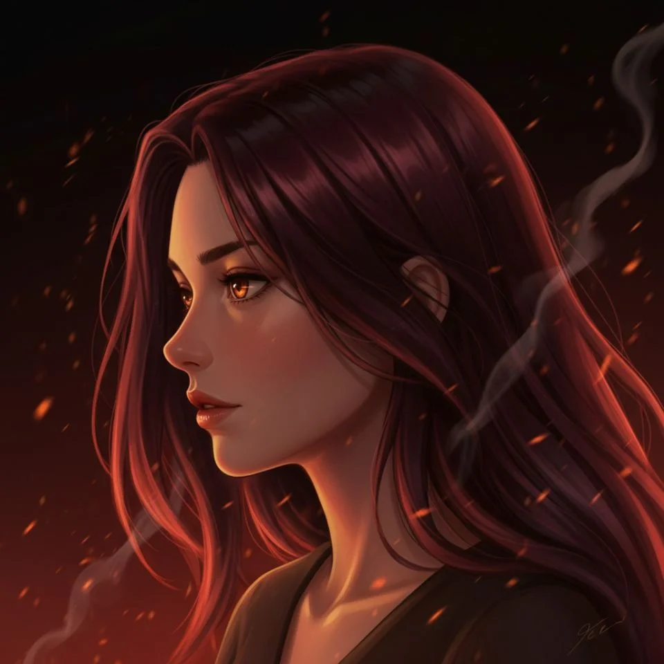 Fiery dark red anime PFP with glowing highlights