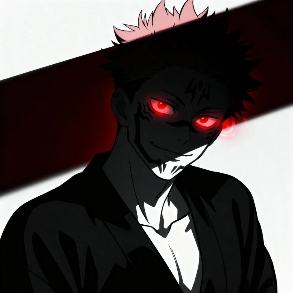 Sukuna half-shadowed face with glowing eyes.