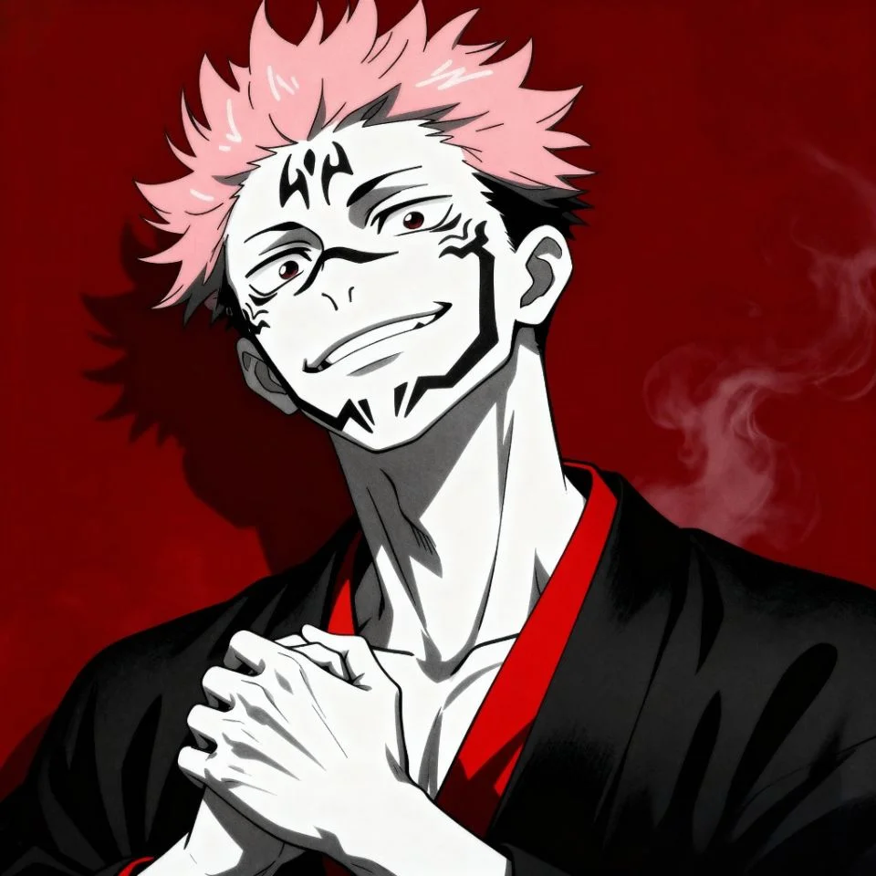 Sukuna smirking close-up from Jujutsu Kaisen anime.
