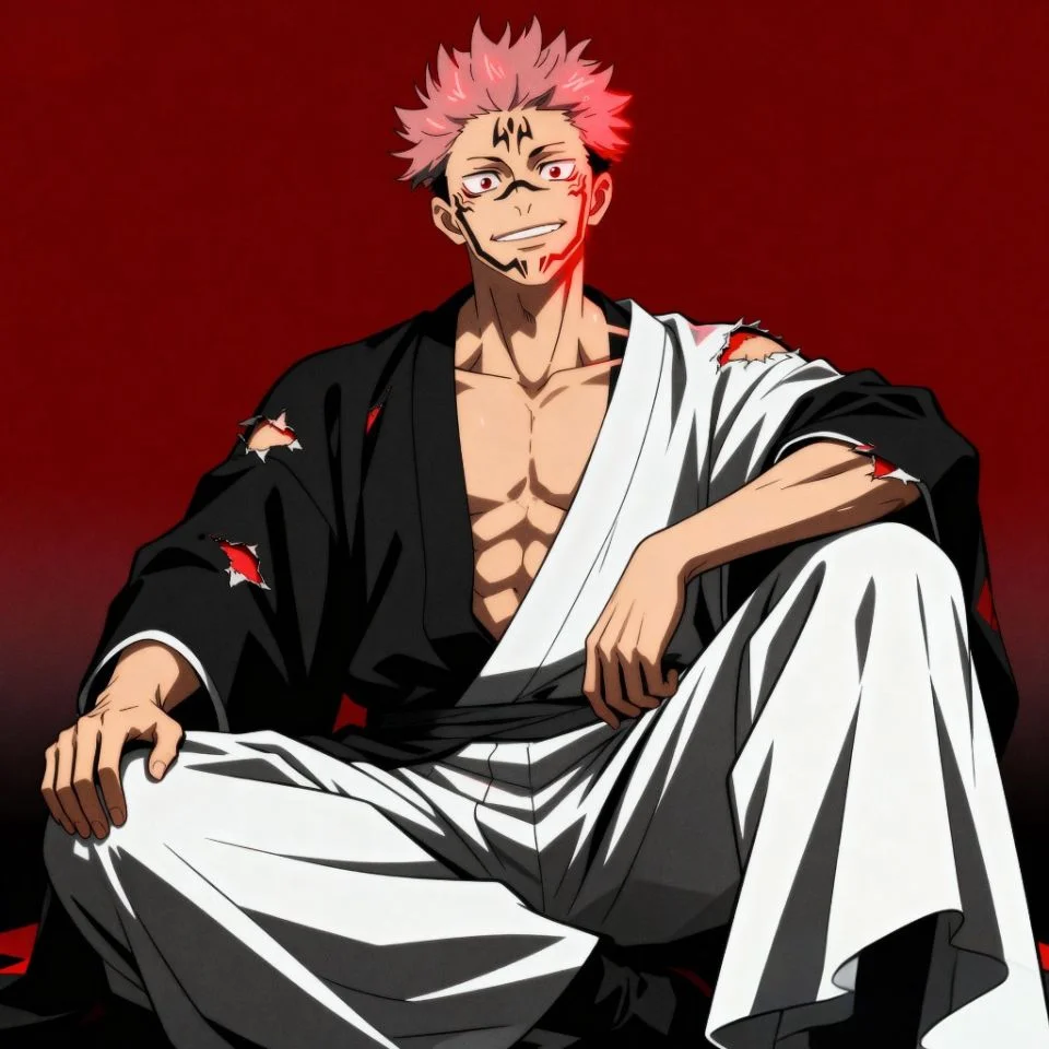 Fanart of Sukuna with evil smile and glowing hand marks.