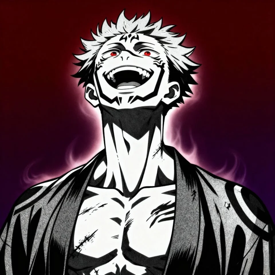 Sukuna laughing with wide grin and glowing aura.