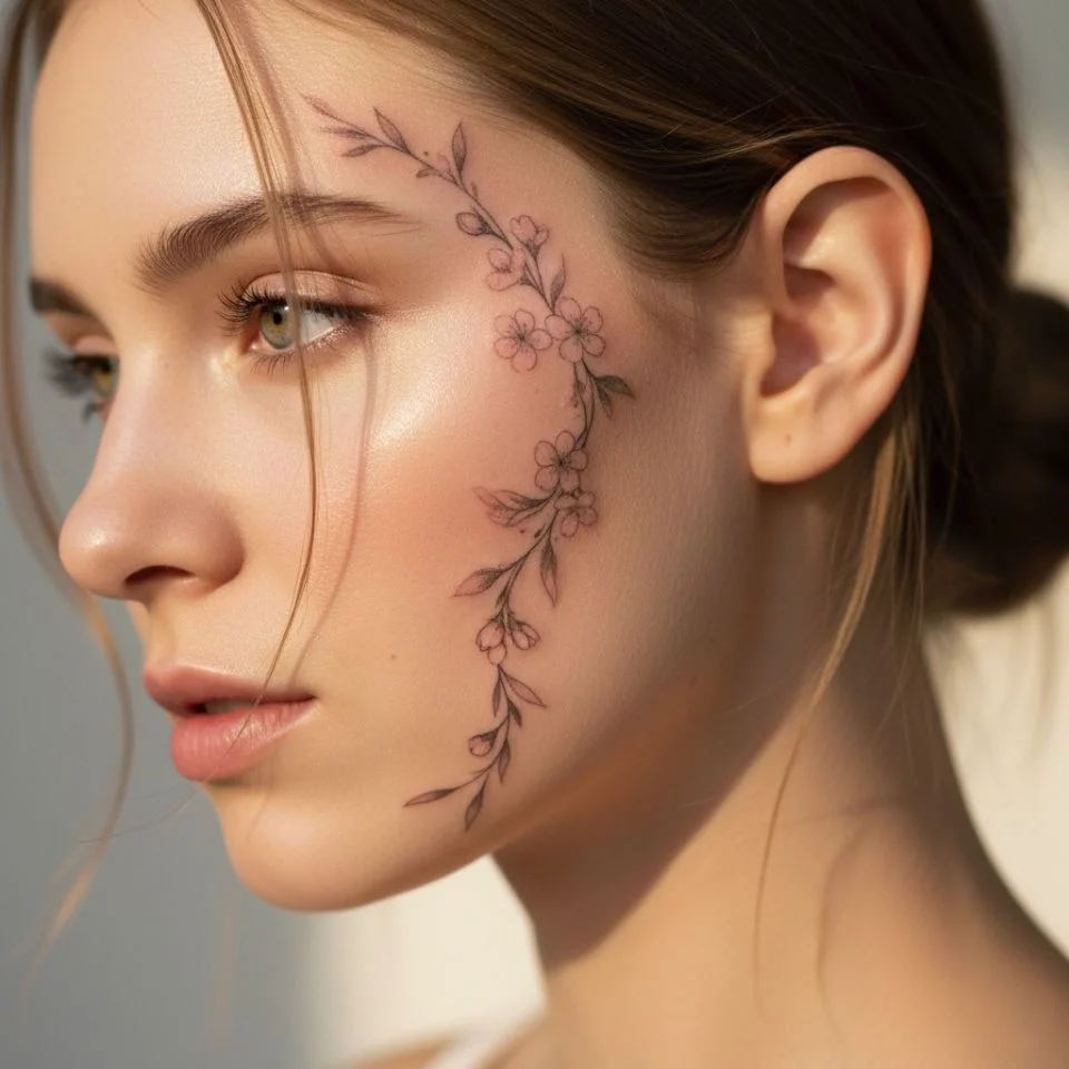 Delicate flower curve tattoo on sideburn
