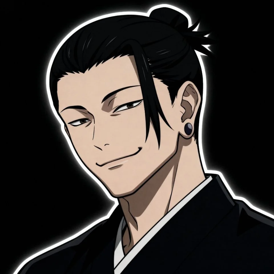 Geto anime PFP smiling confidently with dark background.