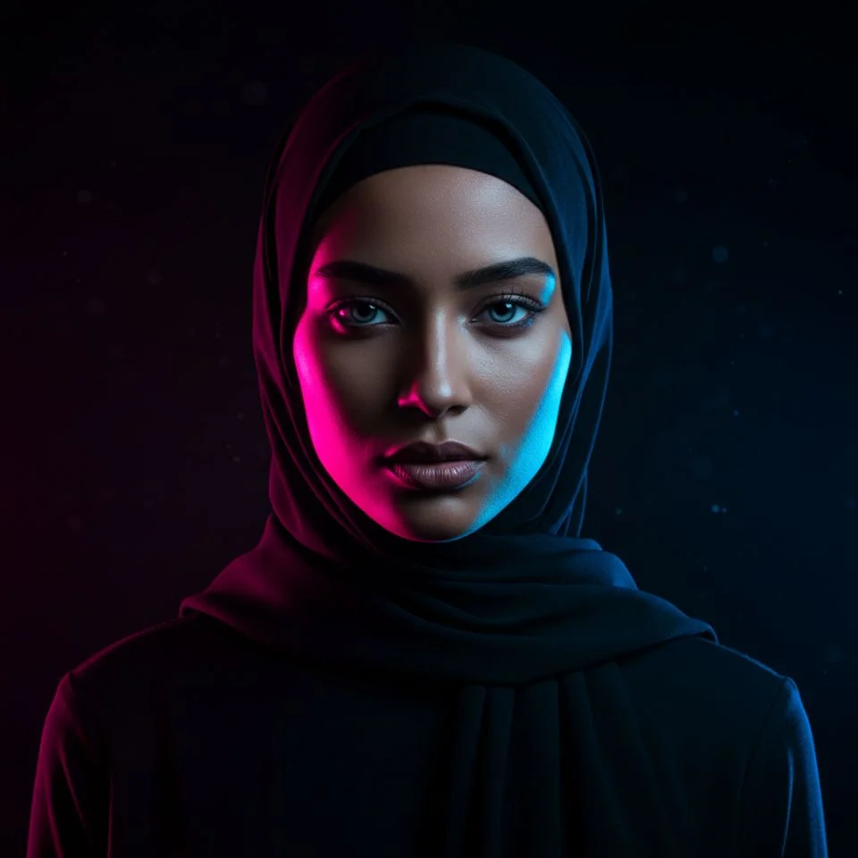 hijab-dp-blackmode Dark Hijab DP — black outfit with neon rim light